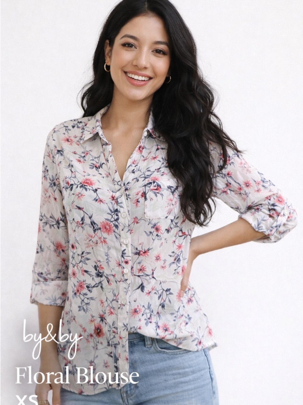 by&by Floral Button Down Blouse XS Lightweight Feminine Casual Top